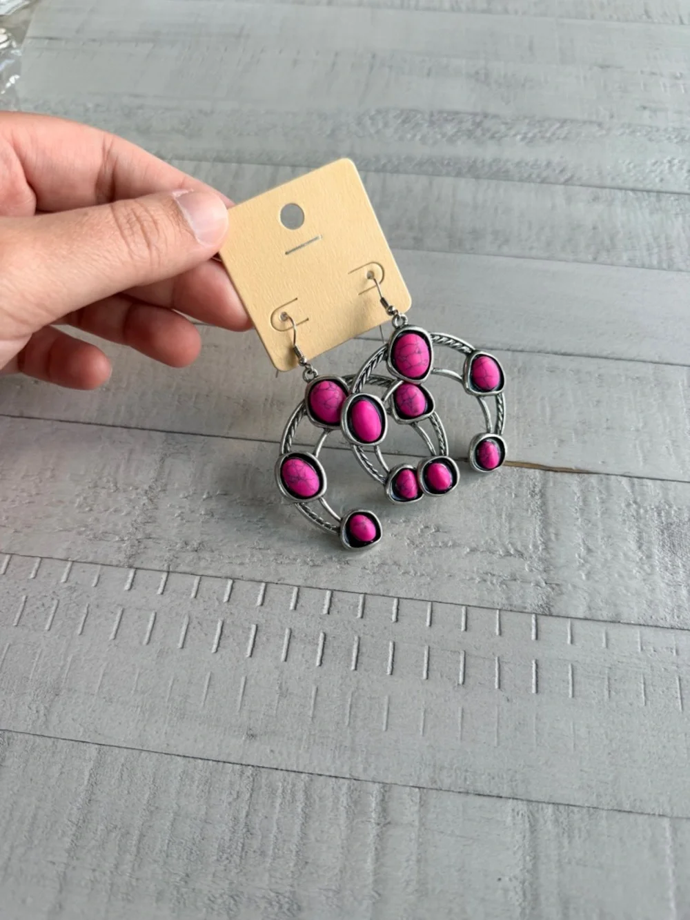 Western Fashion Pink Stone Silver-Tone Dangle Earrings